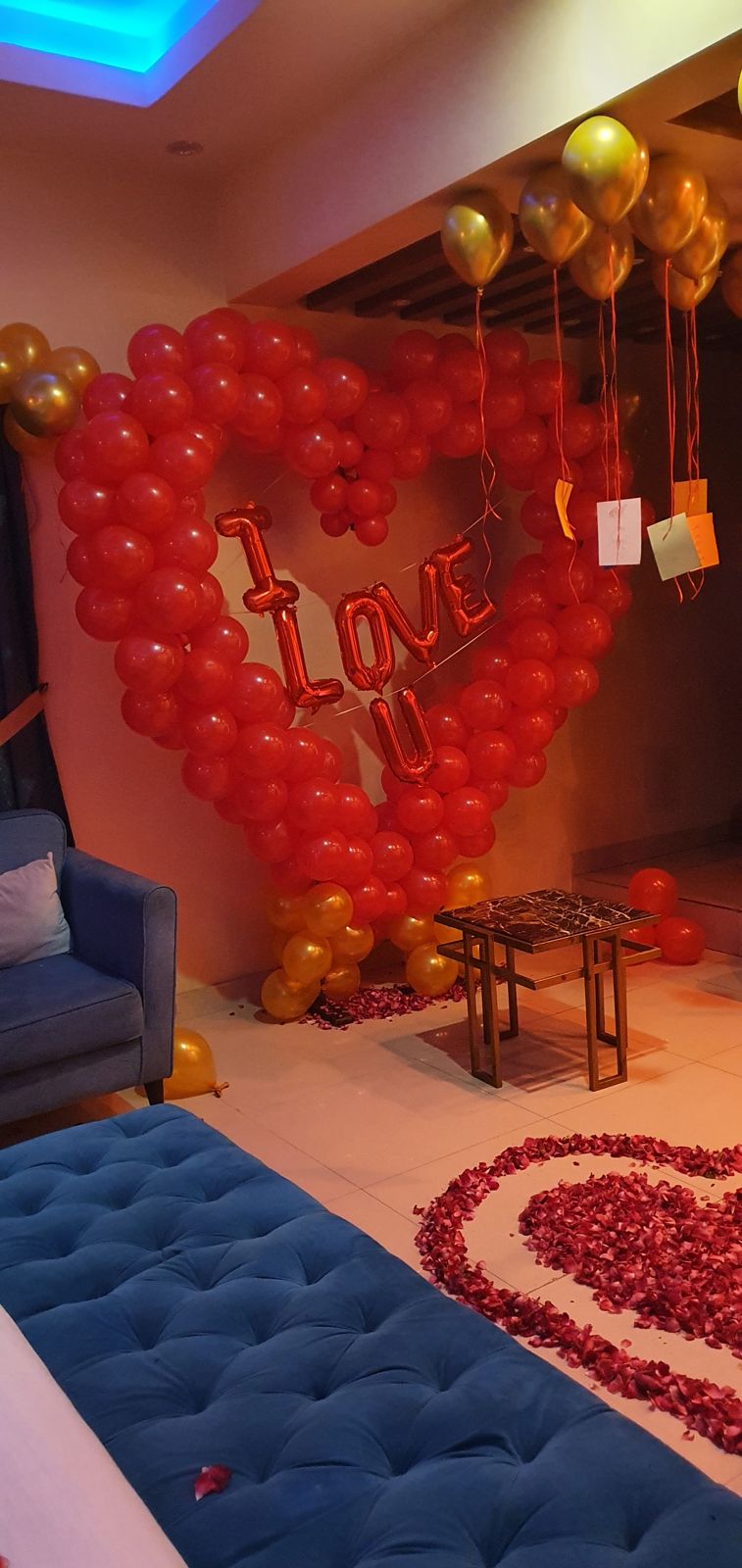 Romantic Birthday Decoration for Husband / Wife – Red Heart Balloon Wall, Rose Petals & Happy Birthday Letters