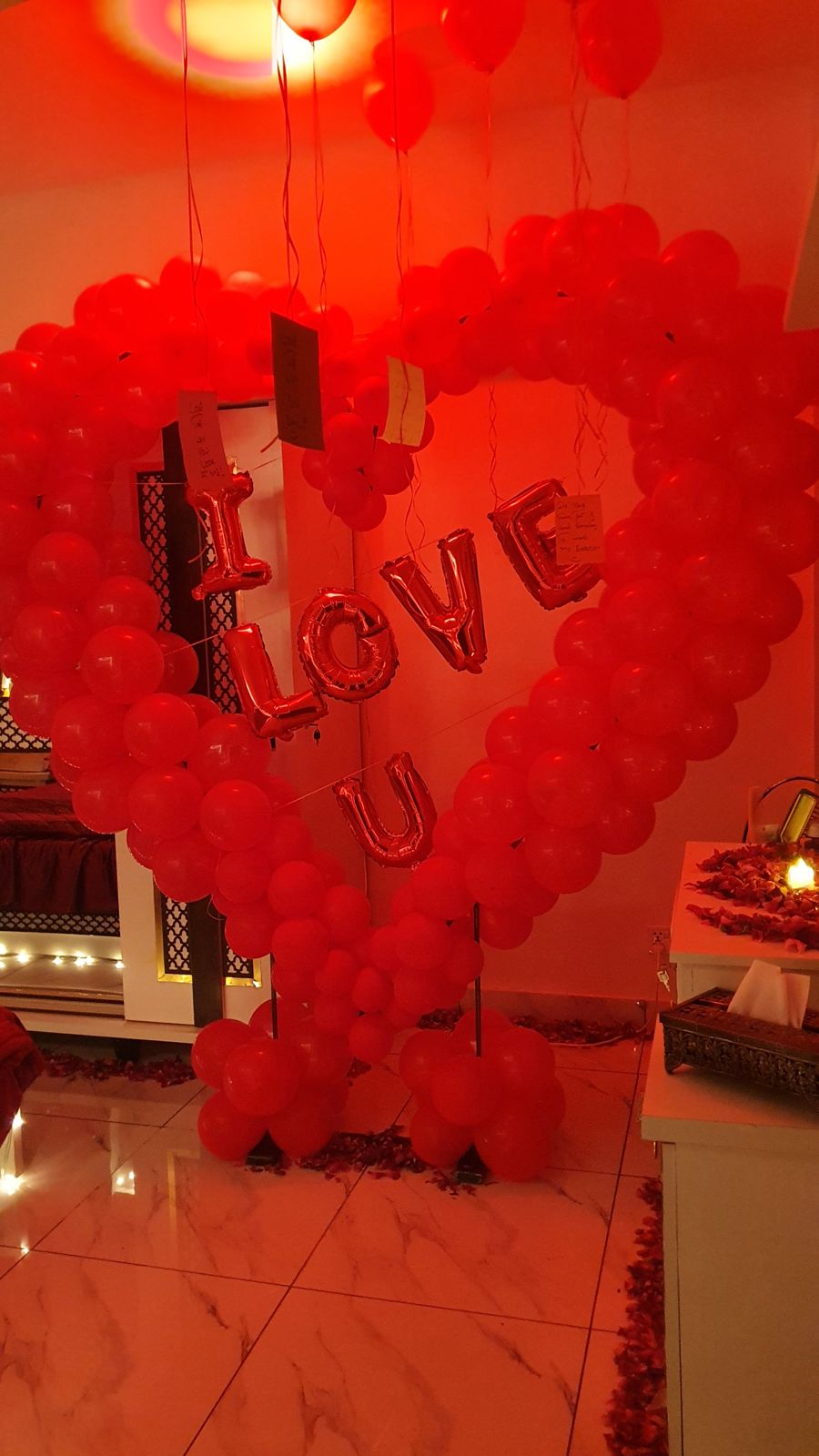 Romantic Birthday Decoration for Husband / Wife – Red Heart Balloon Wall, Rose Petals & Happy Birthday Letters
