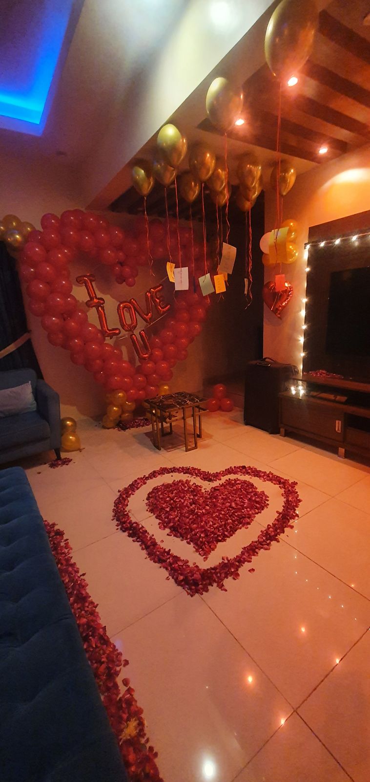 Romantic Birthday Decoration for Husband / Wife – Red Heart Balloon Wall, Rose Petals & Happy Birthday Letters