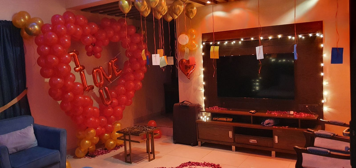 Romantic Birthday Decoration for Husband / Wife – Red Heart Balloon Wall, Rose Petals & Happy Birthday Letters