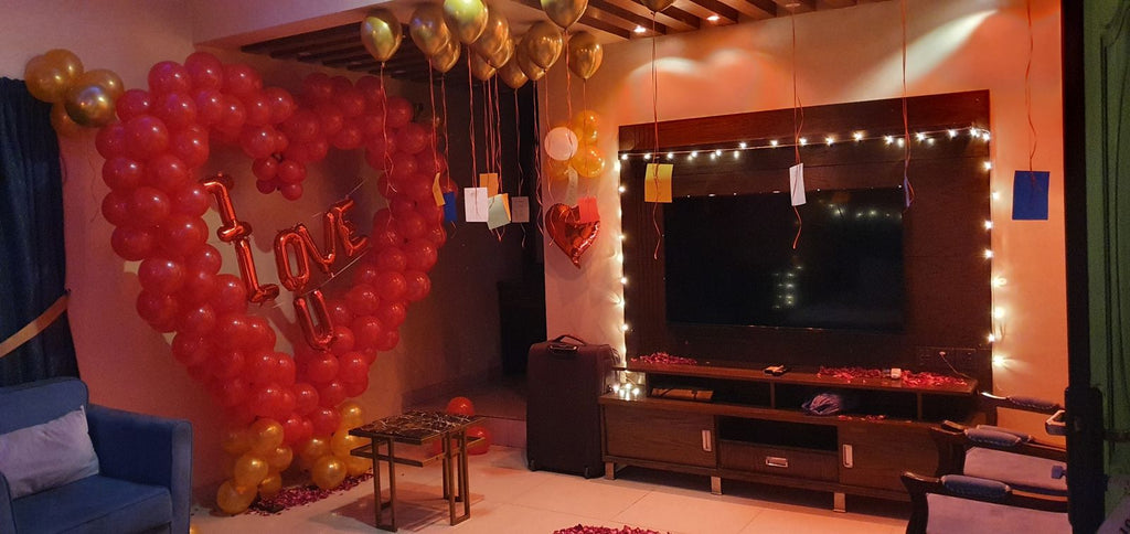 Romantic Birthday Decoration for Husband / Wife – Red Heart Balloon Wall, Rose Petals & Happy Birthday Letters