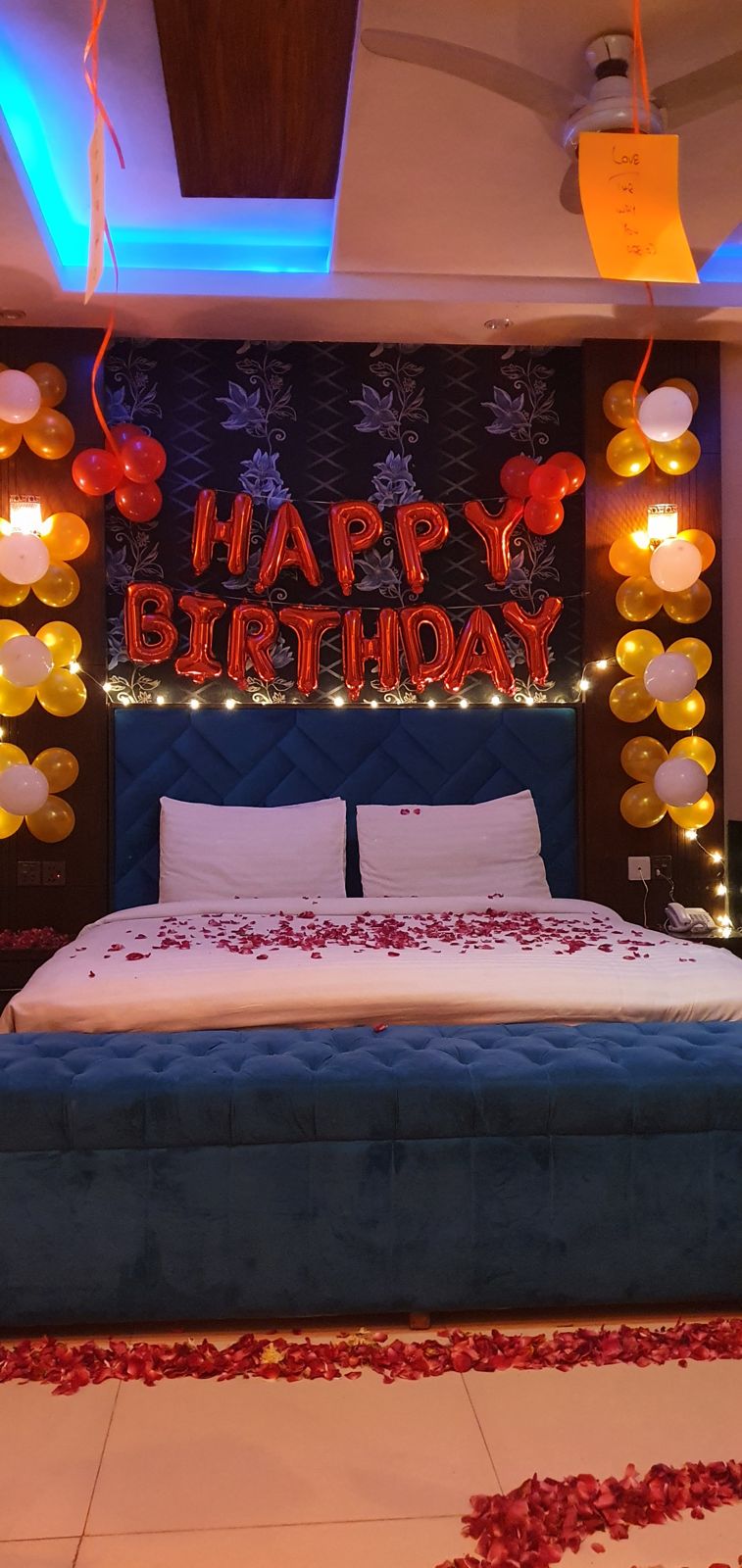 Romantic Birthday Decoration for Husband / Wife – Red Heart Balloon Wall, Rose Petals & Happy Birthday Letters