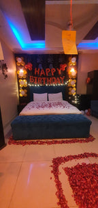 Romantic Birthday Decoration for Husband / Wife – Red Heart Balloon Wall, Rose Petals & Happy Birthday Letters