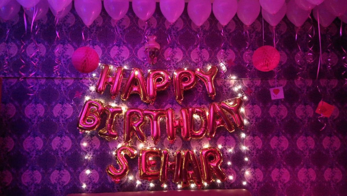 Romantic Birthday Room Decor – Happy Birthday Name Foil Letters, Fairy Lights & Photo Wall