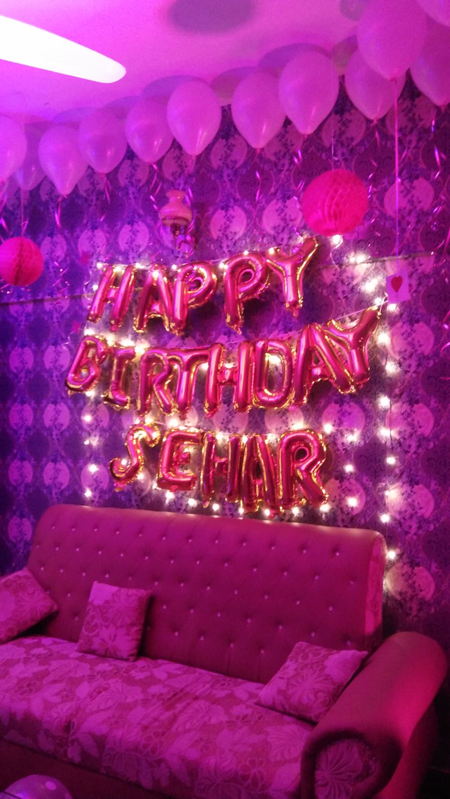 Romantic Birthday Room Decor – Happy Birthday Name Foil Letters, Fairy Lights & Photo Wall