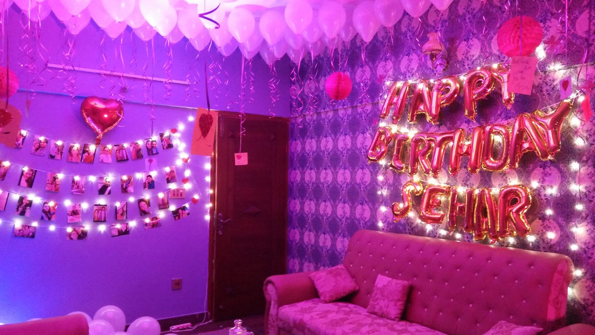 Romantic Birthday Room Decor – Happy Birthday Name Foil Letters, Fairy Lights & Photo Wall