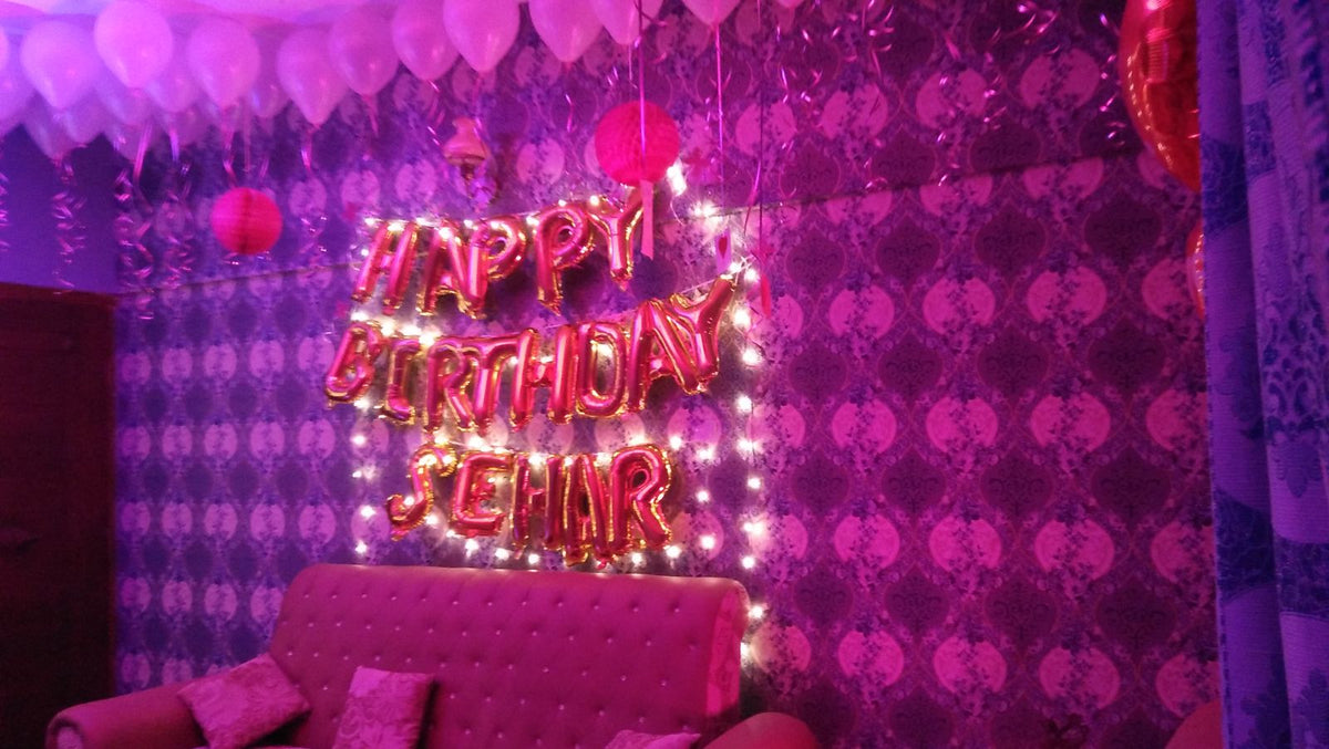 Romantic Birthday Room Decor – Happy Birthday Name Foil Letters, Fairy Lights & Photo Wall