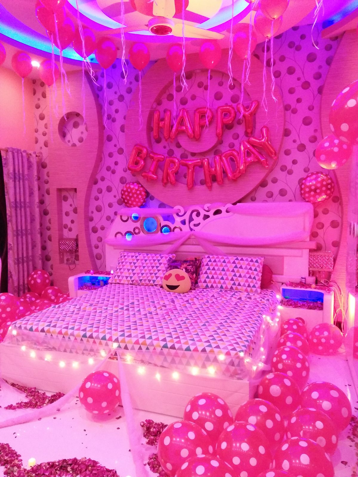Romantic Birthday Room Decoration – Rose Petal Heart, Pink Polka Balloons & Fairy Lights