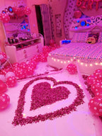 Romantic Birthday Room Decoration – Rose Petal Heart, Pink Polka Balloons & Fairy Lights