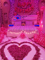 Romantic Birthday Room Decoration – Rose Petal Heart, Pink Polka Balloons & Fairy Lights