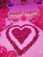 Romantic Birthday Room Decoration – Rose Petal Heart, Pink Polka Balloons & Fairy Lights