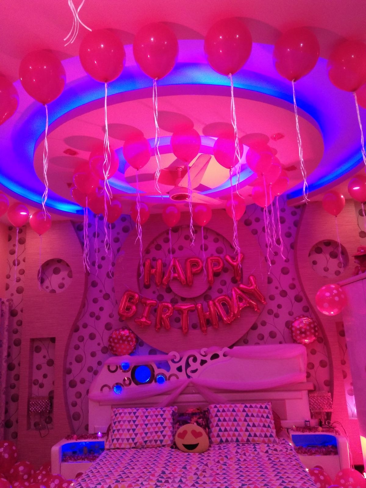 Romantic Birthday Room Decoration – Rose Petal Heart, Pink Polka Balloons & Fairy Lights