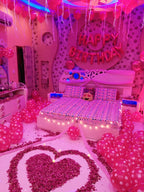 Romantic Birthday Room Decoration – Rose Petal Heart, Pink Polka Balloons & Fairy Lights