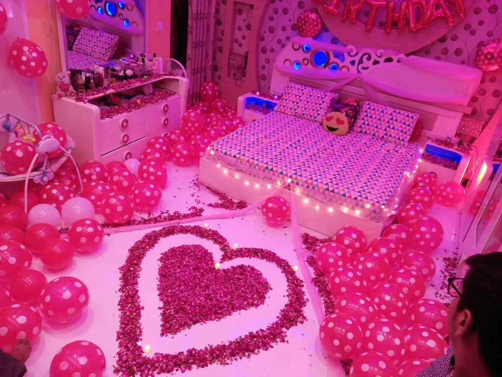 Romantic Birthday Room Decoration – Rose Petal Heart, Pink Polka Balloons & Fairy Lights
