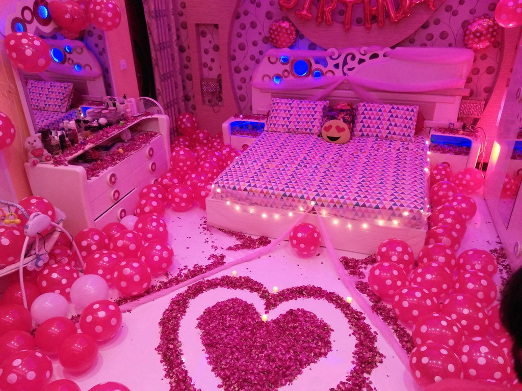 Romantic Birthday Room Decoration – Rose Petal Heart, Pink Polka Balloons & Fairy Lights
