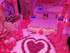 Romantic Birthday Room Decoration – Rose Petal Heart, Pink Polka Balloons & Fairy Lights