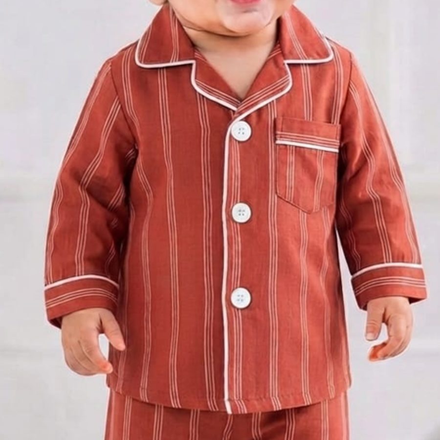 Rust Red Striped Baby Night Suit fabric and print close-up – Belinda Store