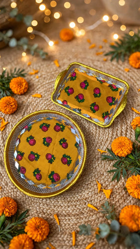 Set of 2 yellow floral mehndi trays round and rectangular