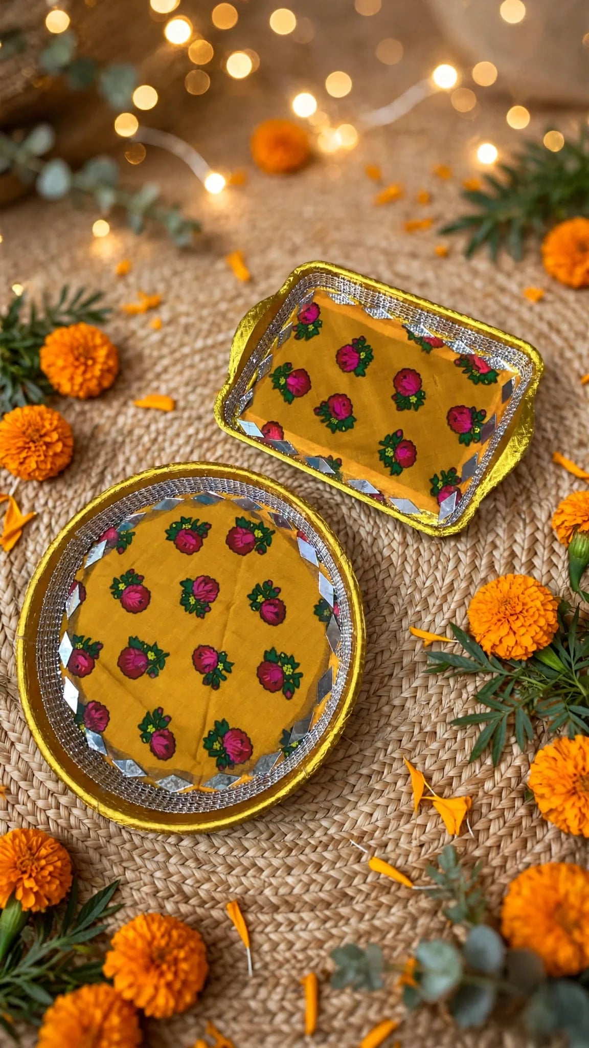 Set of 2 yellow floral mehndi trays round and rectangular
