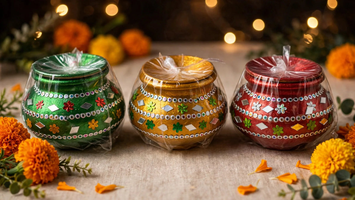 Set of 3 decorated matkas green gold red with mirror work