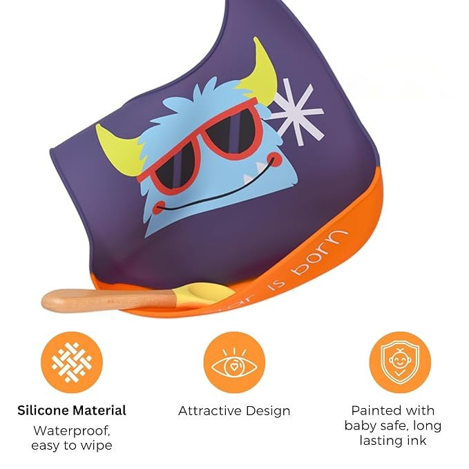 Purple monster silicone baby bib features