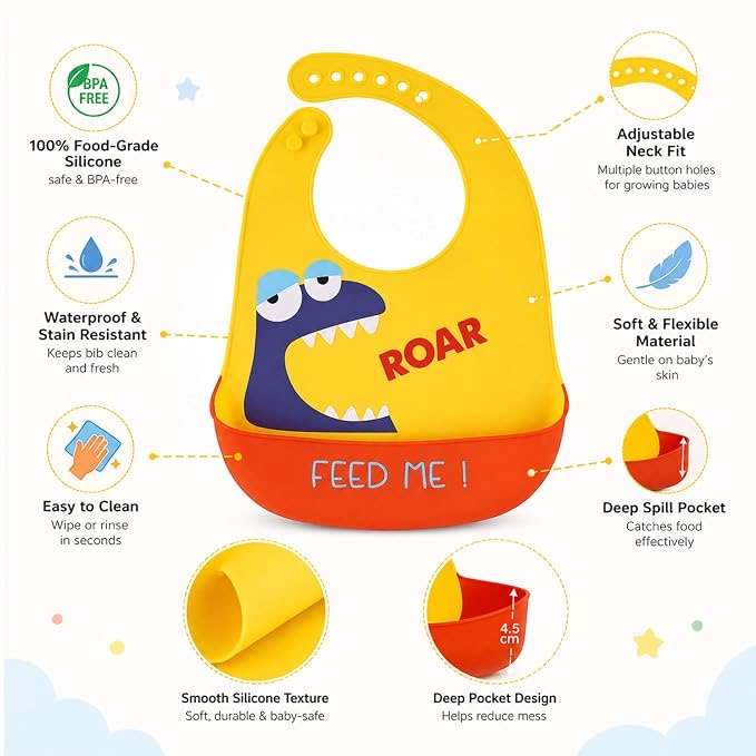 Silicone baby bib with food catcher yellow dino features
