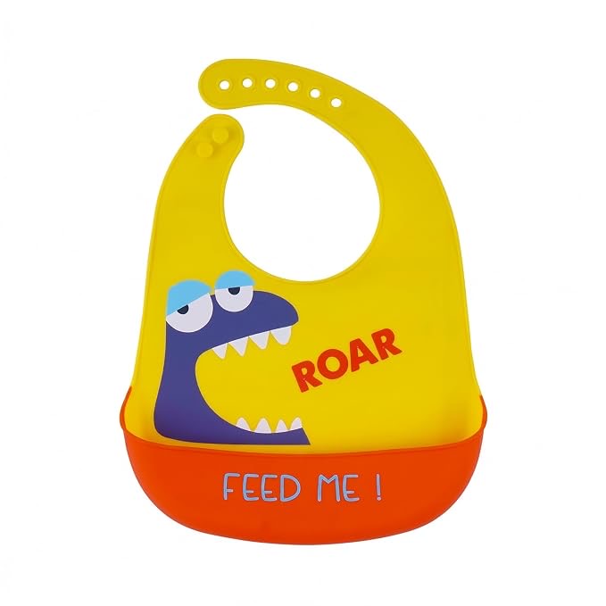 Yellow dino silicone feeding bib front view