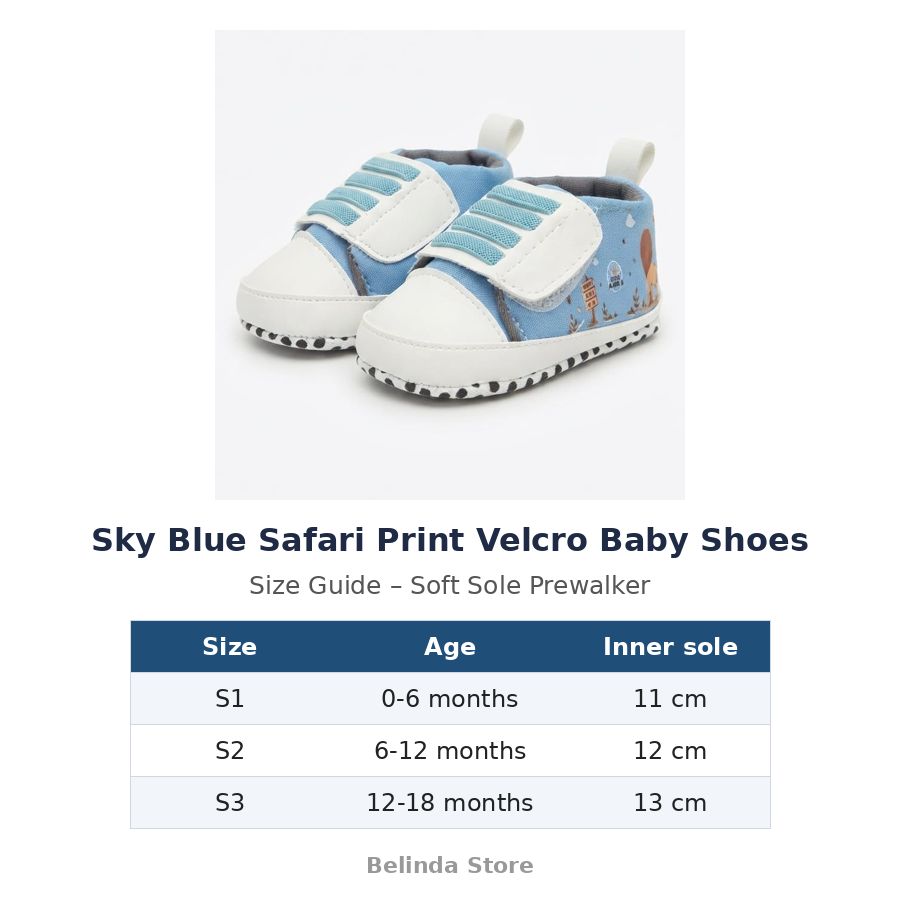 Sky Blue Safari Print Velcro Baby Shoes size guide – soft sole baby shoes – Belinda Store