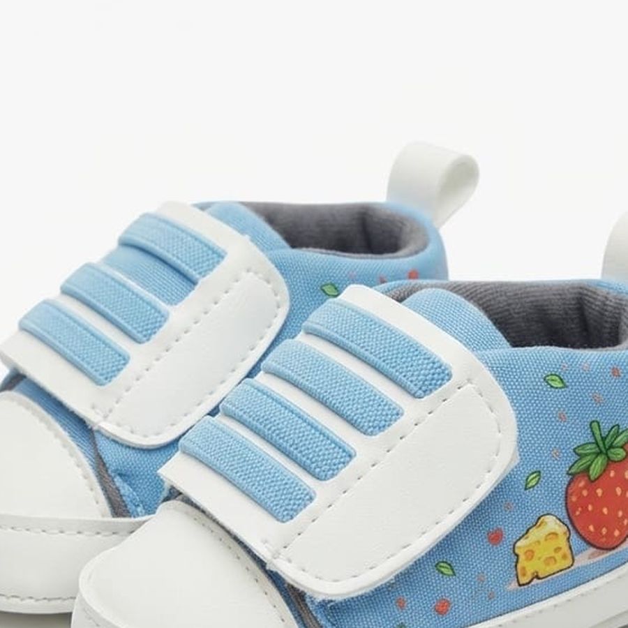 Sky Blue Strawberry Velcro Baby Shoes design detail – soft sole baby shoes – Belinda Store