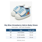 Sky Blue Strawberry Velcro Baby Shoes size guide – soft sole baby shoes – Belinda Store