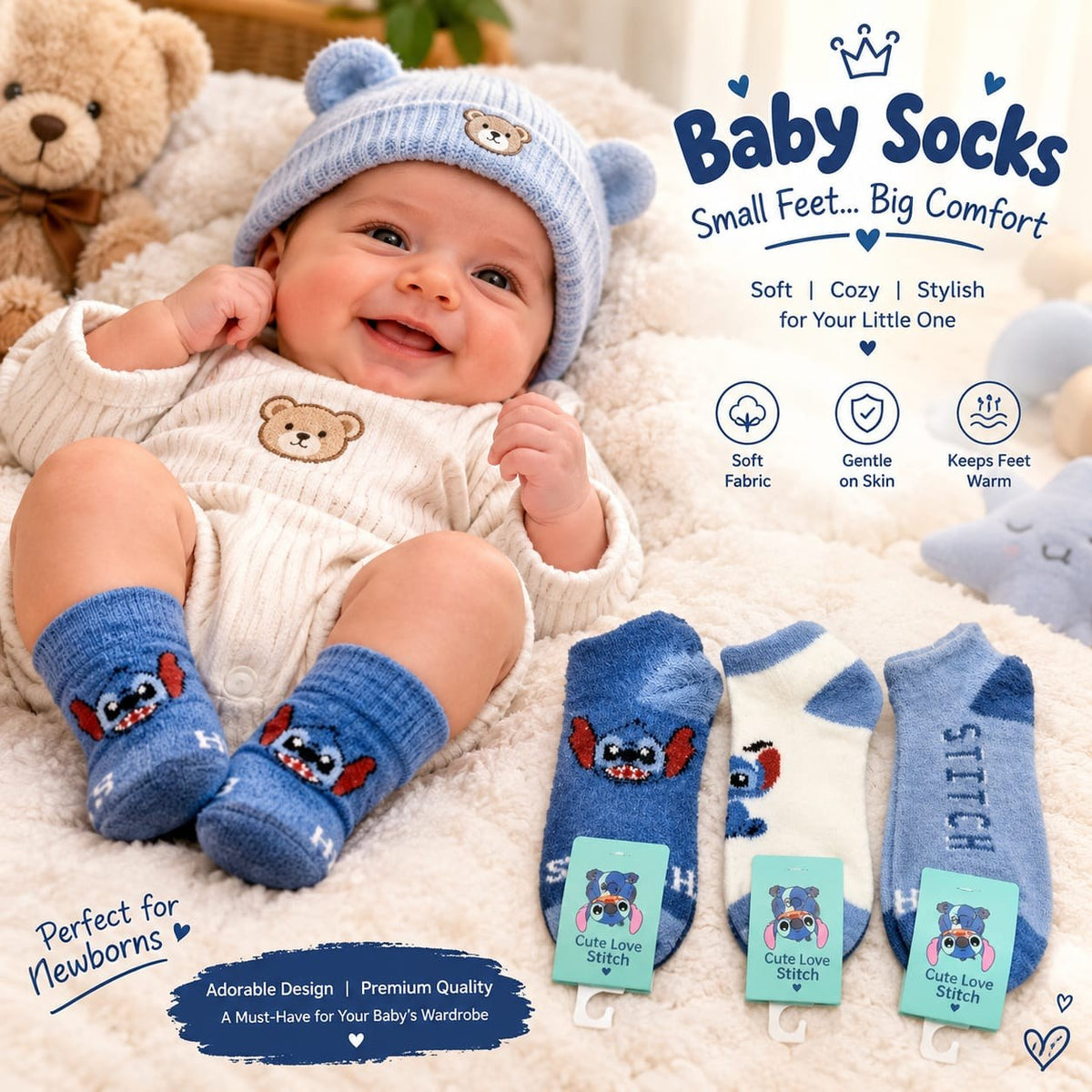 stitch fluffy baby socks 3 pairs warm cartoon socks for babies