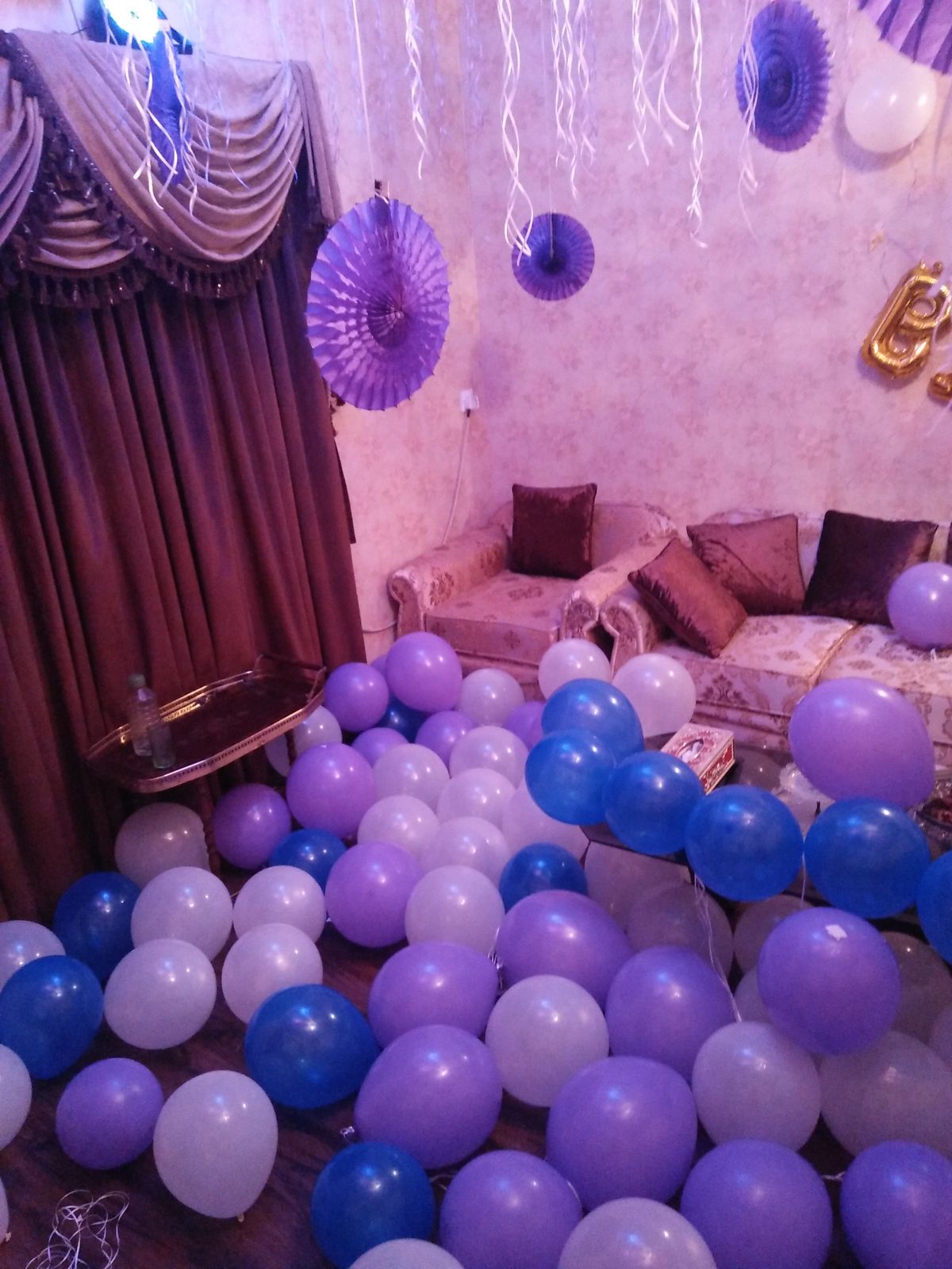 Surprise Birthday Room Decor – Purple & White Balloon Floor with Gold Happy Birthday Letters