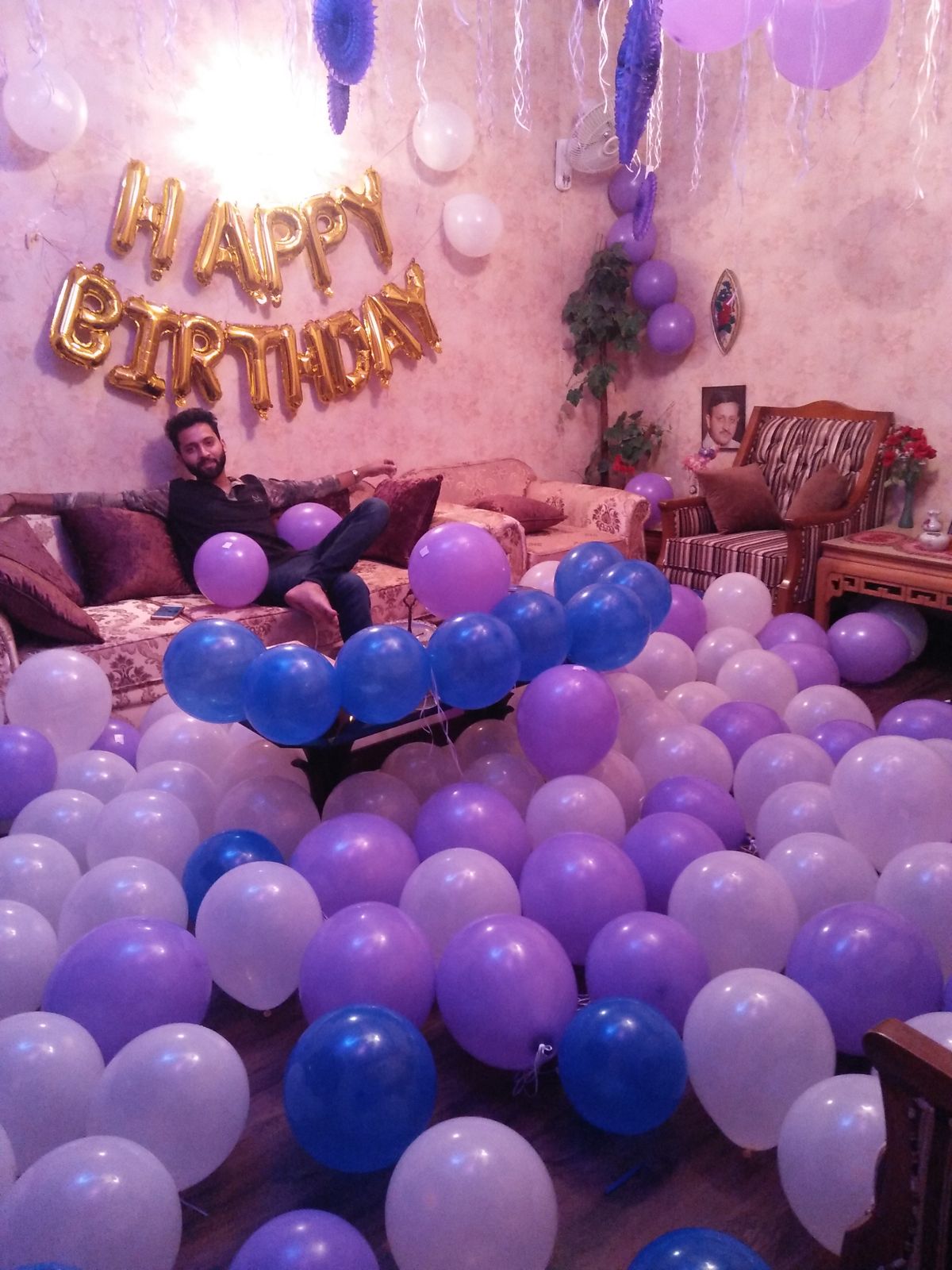 Surprise Birthday Room Decor – Purple & White Balloon Floor with Gold Happy Birthday Letters