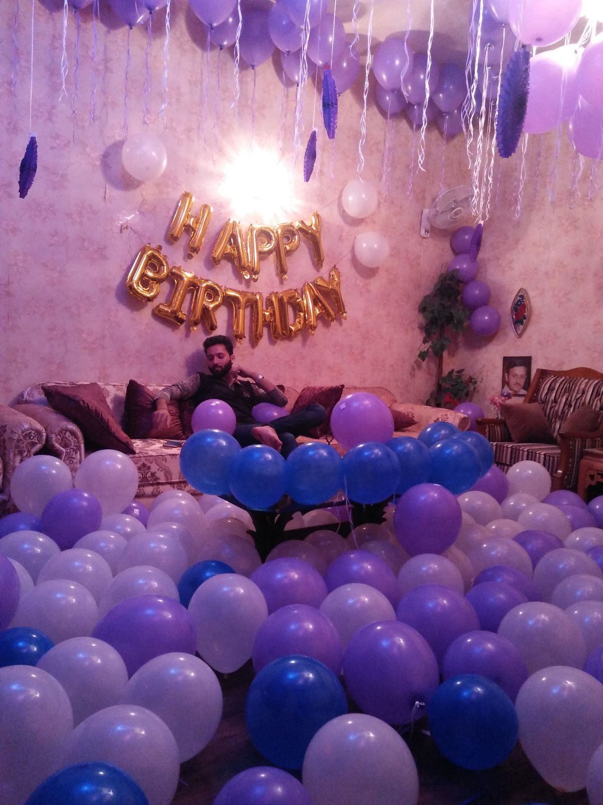 Surprise Birthday Room Decor – Purple & White Balloon Floor with Gold Happy Birthday Letters