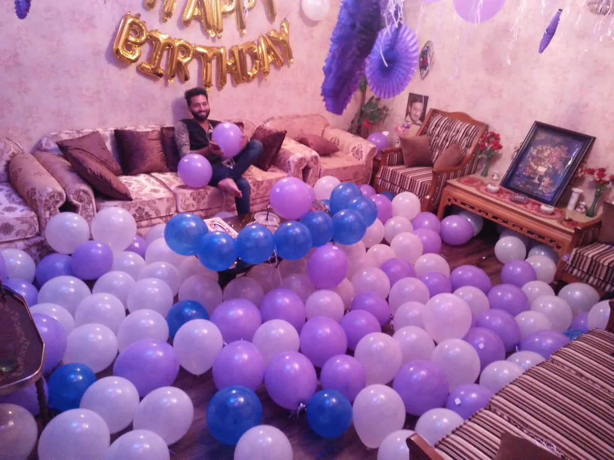 Surprise Birthday Room Decor – Purple & White Balloon Floor with Gold Happy Birthday Letters