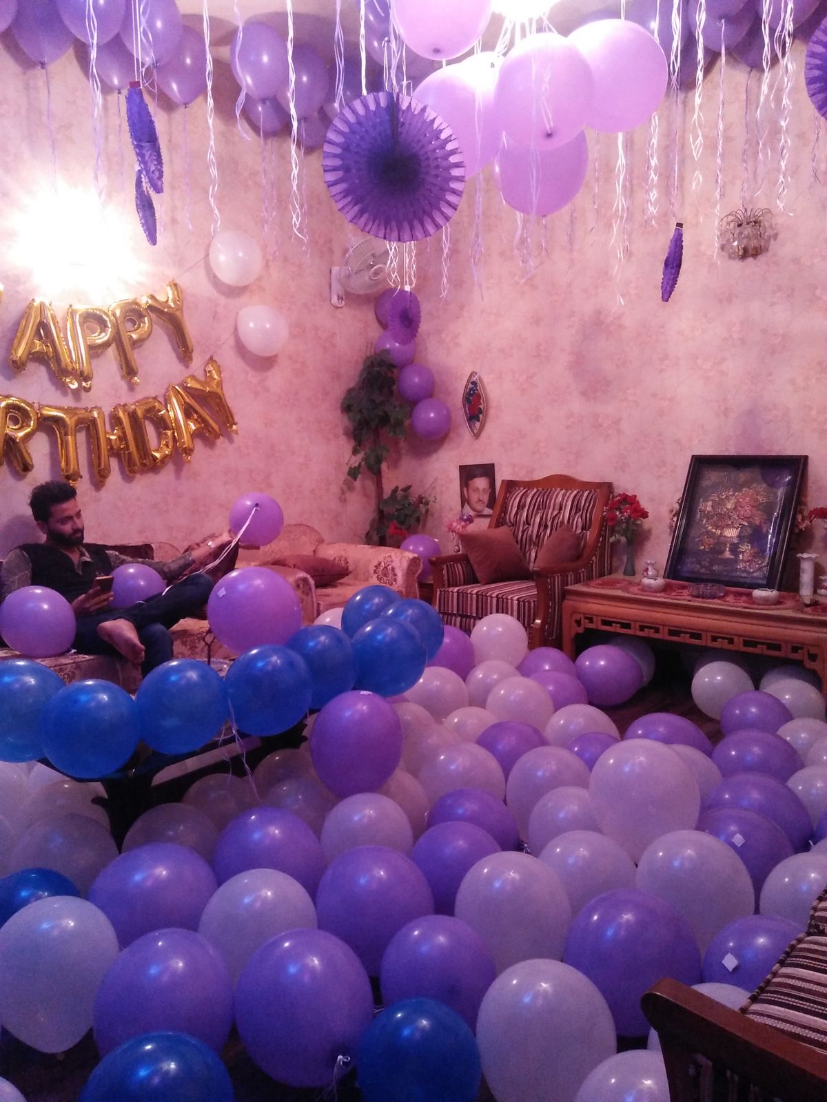Surprise Birthday Room Decor – Purple & White Balloon Floor with Gold Happy Birthday Letters