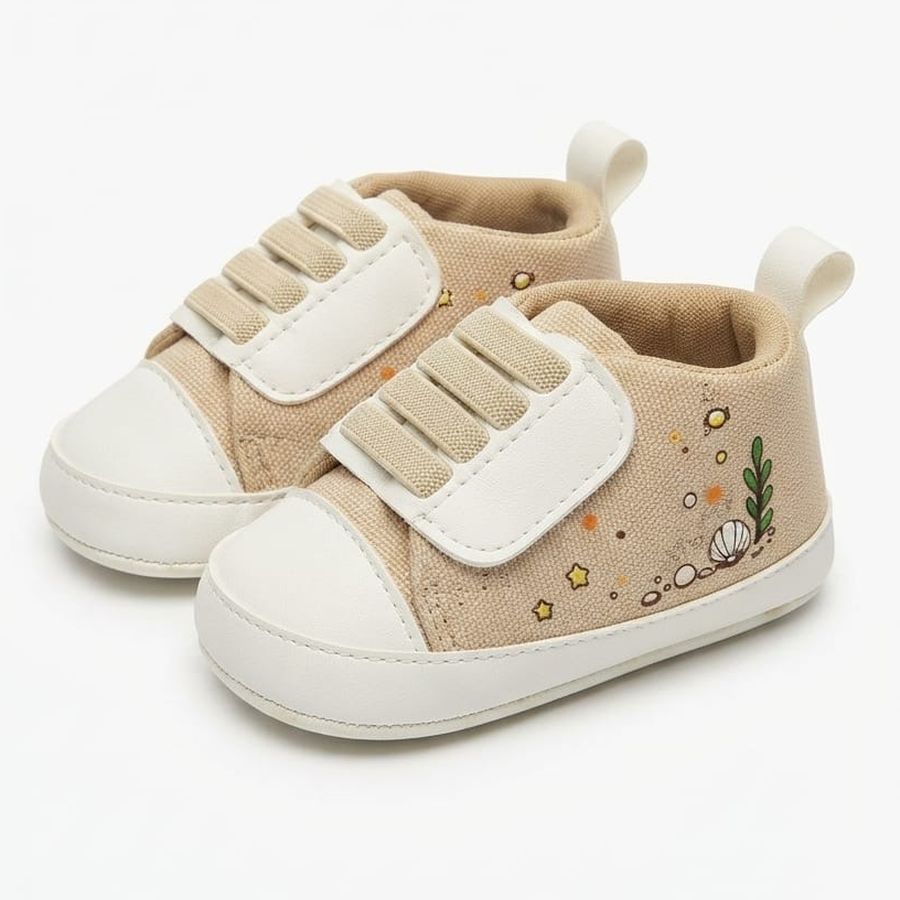 Tan Seashell Print Velcro Baby Shoes close-up view – soft sole baby shoes – Belinda Store