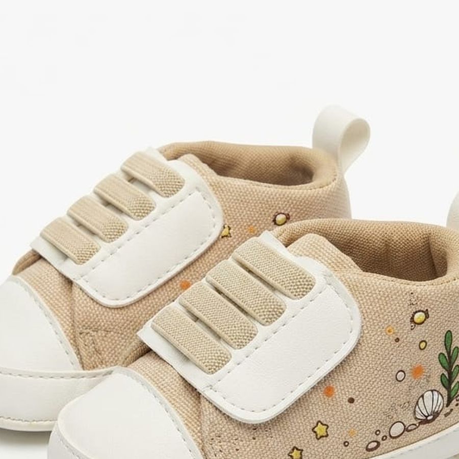 Tan Seashell Print Velcro Baby Shoes design detail – soft sole baby shoes – Belinda Store
