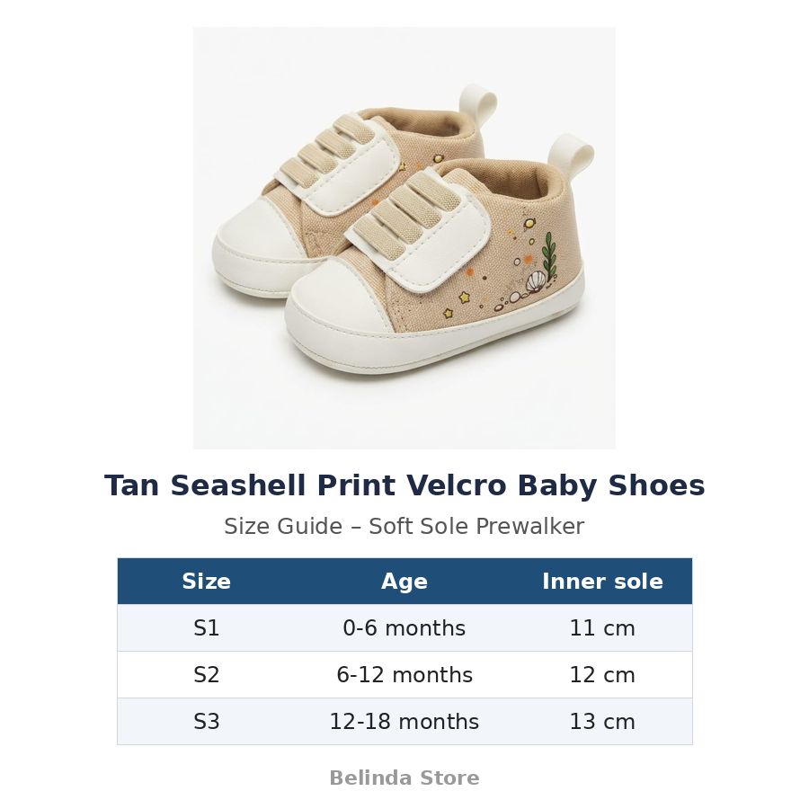 Tan Seashell Print Velcro Baby Shoes size guide – soft sole baby shoes – Belinda Store