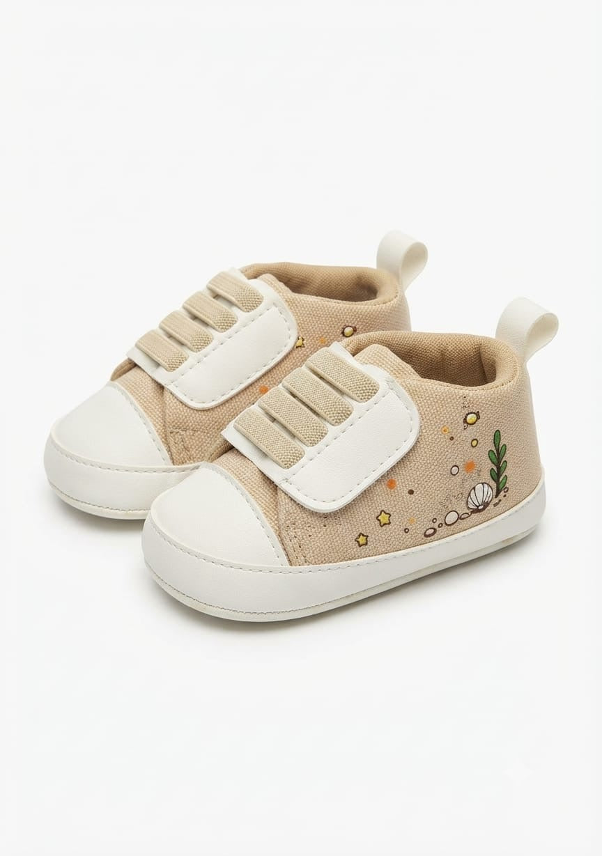 Tan Seashell Print Velcro Baby Shoes soft sole prewalker for baby boys and girls – Belinda Store