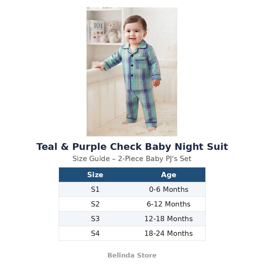 Teal & Purple Check Baby Night Suit size guide 0-24 months – Belinda Store