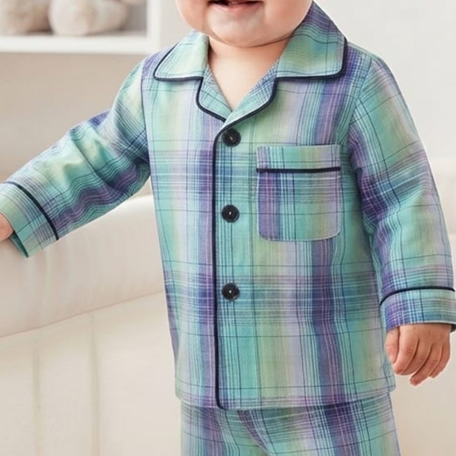 Teal & Purple Check Baby Night Suit fabric and print close-up – Belinda Store