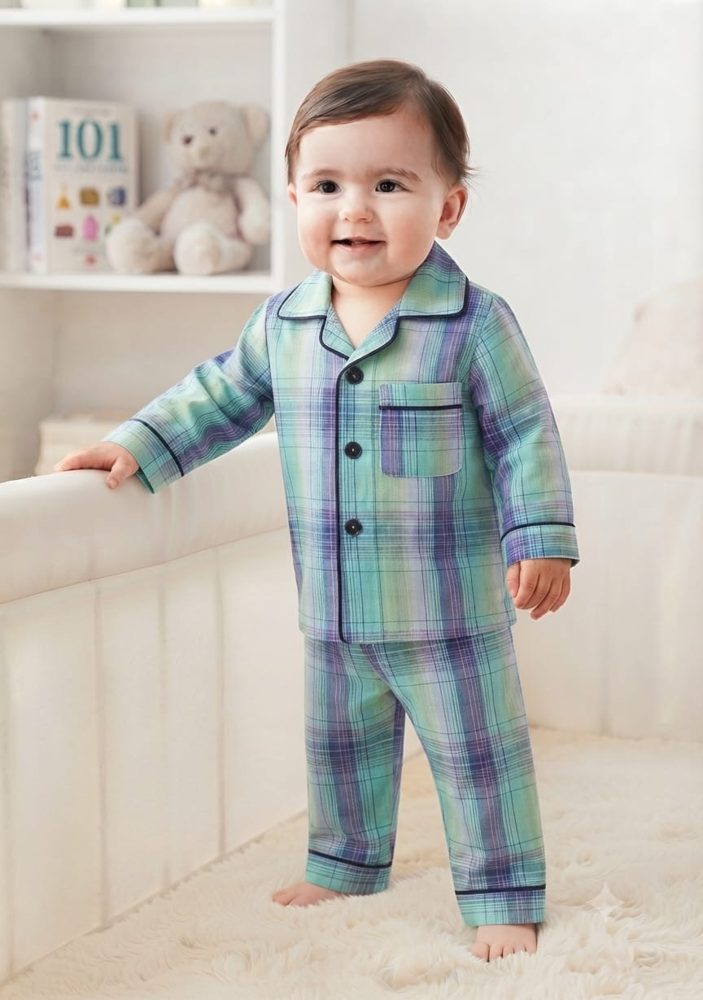 Teal & Purple Check Baby Night Suit – 2-piece baby PJ's set 0-24 months – Belinda Store