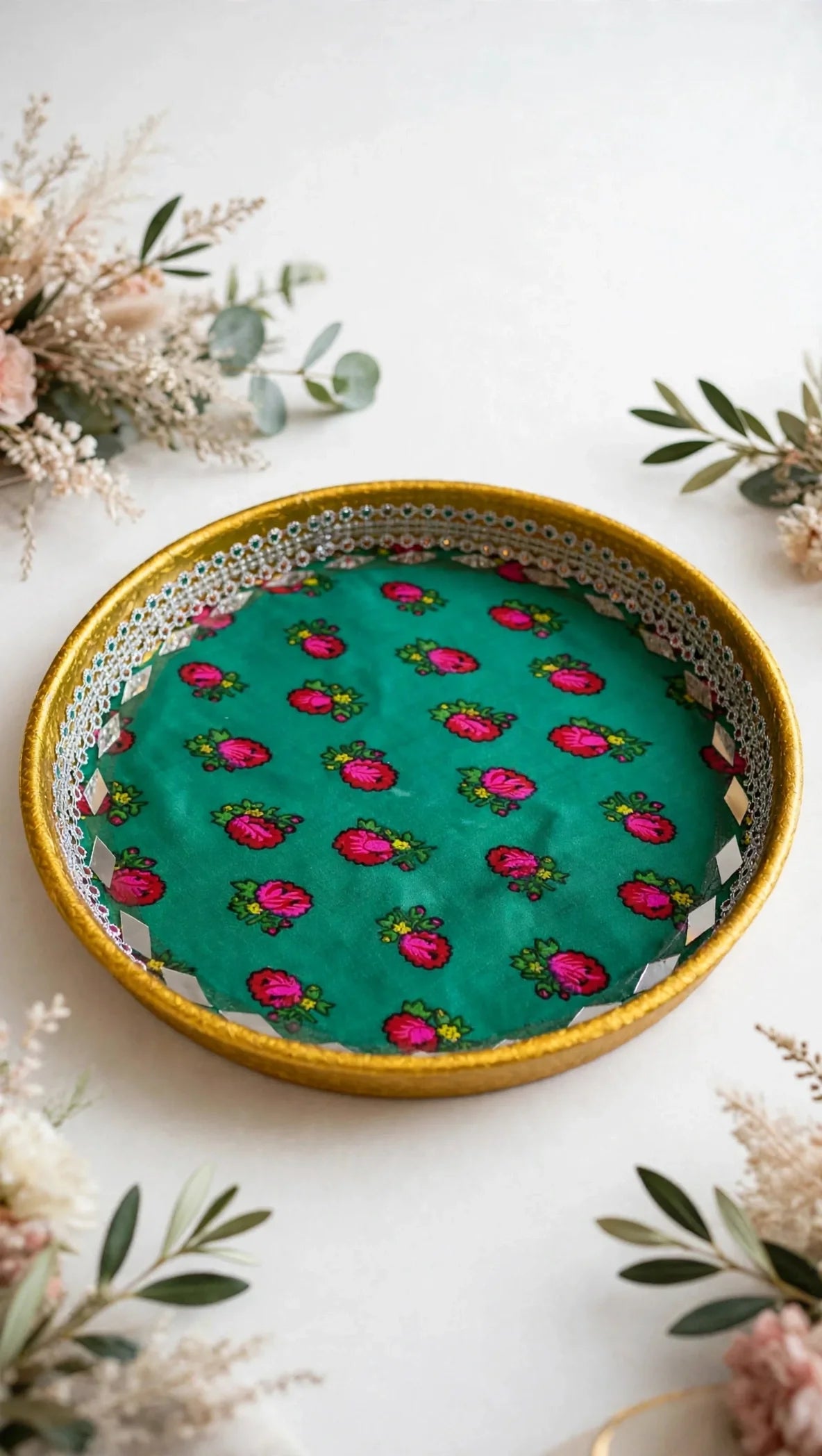 mehndi tray green floral decorated thaal for shendi rasam