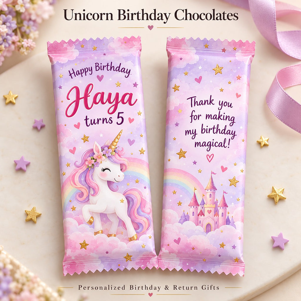 Unicorn theme customized birthday chocolate bar with name and thank you message
