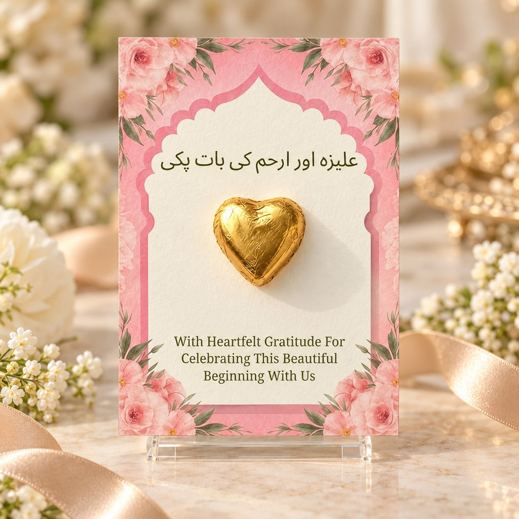Urdu Baat Pakki heart chocolate thank you card close up