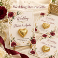 Wedding celebration thank you card with gold heart chocolate and couple names