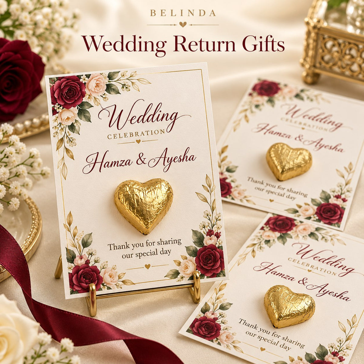 Wedding celebration thank you card with gold heart chocolate and couple names