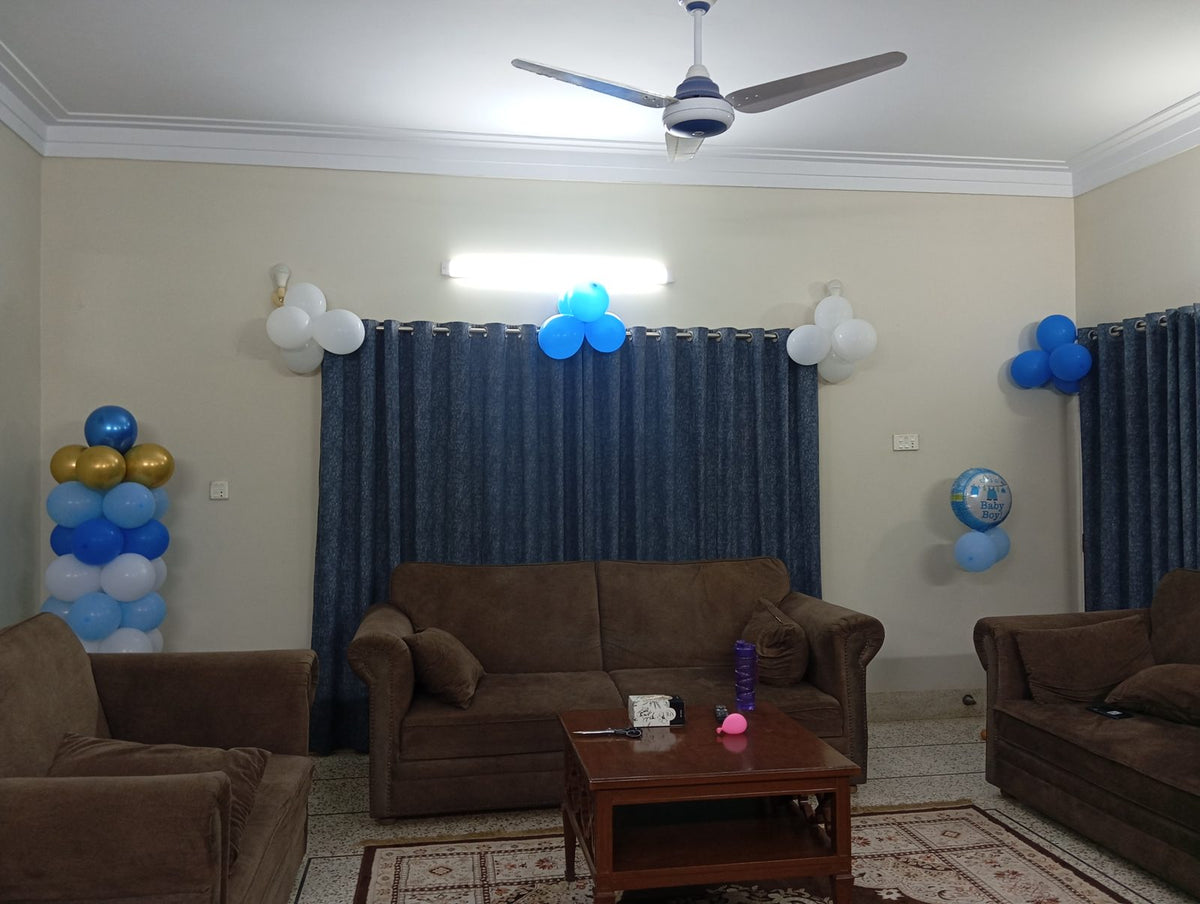 Welcome Baby Boy Decoration – Blue & Gold Balloon Garland, Cot & Lounge Decor
