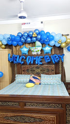 Welcome Baby Boy Decoration – Blue & Gold Balloon Garland, Cot & Lounge Decor